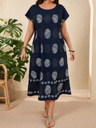 EMERY ROSE 大码女式度假风格印花蝙蝠袖长款乡村节日服装连衣裙，女士度假服装，女士波西米亚风，女士夏季服装/夏季