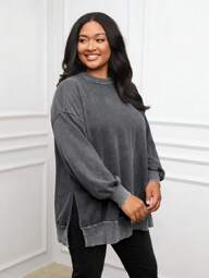 SHEIN LUNE Plus Size Solid Color Round Neck Casual Versatile Long Sleeve Sweatshirt Thanksgiving Women New Years Women Winter Winter Women Rave Fall Autumn