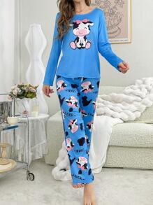可爱卡通奶牛印花女士睡衣套装，秋冬舒适优雅细节