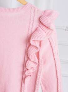 Women Fashion Elegant Cable Knit Ruffle Trim Crew Neck Pullover Warm Sweater Knit Pullover Fall Winter - Pink - View 4