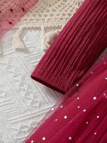 Glamorique Kids Fete tinere, magenta, paiete și plasă, decor stea, guler cu mânecă lungă, fundă, rochie de prințesă, petrecere și ocazie de Valentine, primăvară/toamnă