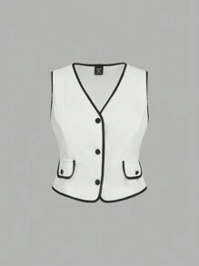 SHEIN MOD 大码女式白色和黑色装饰西装背心，褶皱 A 字裙，优雅商务套装，黑色带白边，褶皱裙春季套装 - 黑與白 - 查看 8