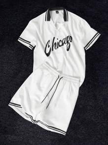 Aesthetic Post--Manfinity Sporsity Men's Solid Color Patchwork Short Sleeve Letter Print Top And Shorts Casual Suit,Men Two Pieces Outfits,White Men Set,Boy Friends Gifts,Black To School - White - View 1