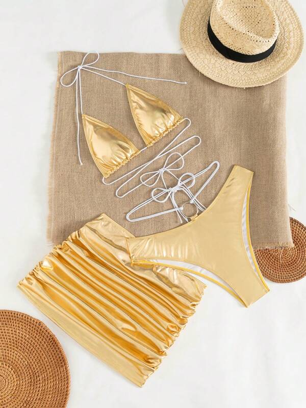 3 件套女士金属吊带性感派对比基尼套装带裙，适合夏季海滩度假