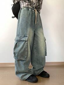 DAZY Women's Loose Wide Leg Casual Cargo Jeans,Baggy Jeans Fall,Winter - Dark Wash - View 2