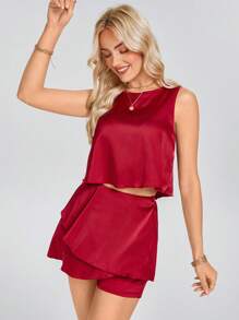 SHEIN LUNE 2pcs Women Casual & Commuting Asymmetrical Tiered Crop Top & Mini Skirt/Shorts Set - Red - View 1