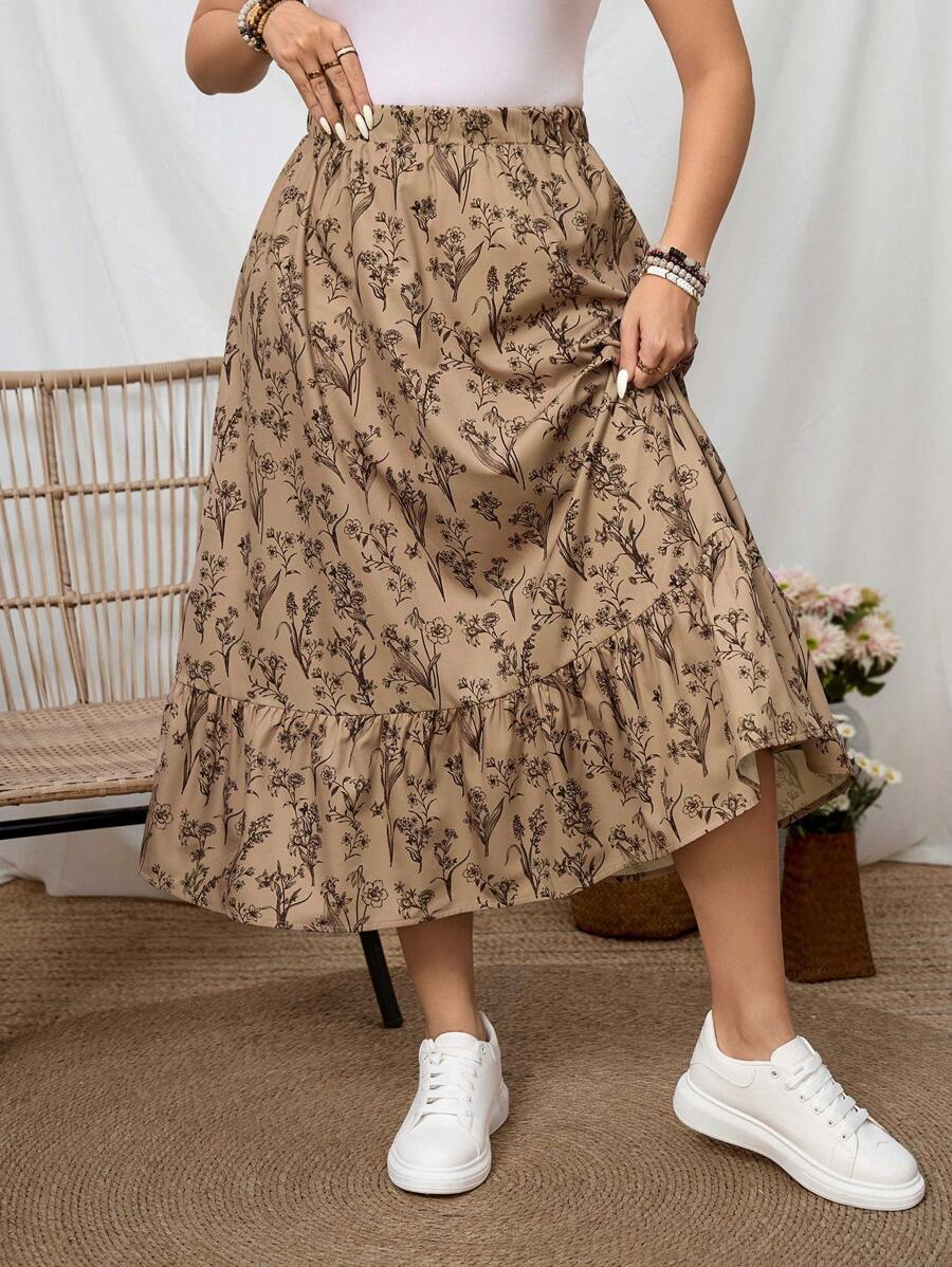 SHEIN LUNE 大码休闲碎花多层半身裙 - 卡其色 - 查看 1