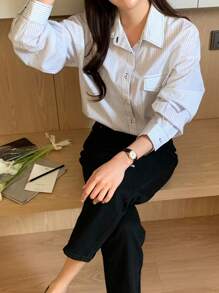 DAZY 女式条纹长袖休闲工作衬衫，秋季女装 - 藍色 - 查看 7