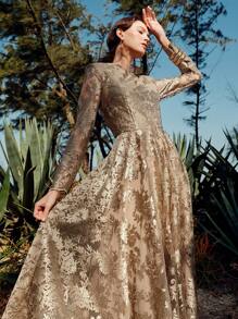Anewsta 精致奢华蕾丝长袖金色连衣裙，优雅精致的设计 - 卡其色 - 查看 7
