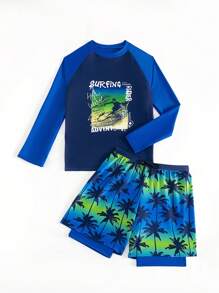 Tween Boys' Letter Print Raglan Sleeve Long Sleeve Rash Guard Top And Swim Trunks Set - Multicolor - View 3