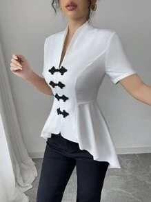 Elenzga 女式 2024 新款不对称下摆休闲衬衫，正面采用手工纽扣设计 - 白色 - 查看 6