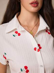 Poéselle 女夏樱桃蝙蝠袖衬衫宽松夏装衬衫夏季衬衫短袖衬衫女衬衣 - 白色 - 查看 2