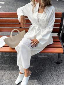 SHEIN Essnce 女士条纹裹身优雅休闲和服套装，白色办公室时尚通勤两件套秋冬 - 白色 - 查看 6