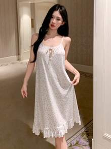 DAZY 女士休闲碎花荷叶边吊带裙睡衣 - 白色 - 查看 3