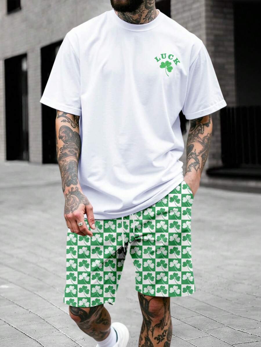 Manfinity Homme Men's Lucky Clover Print Short Sleeve T-Shirt And Shorts 2 Pieces Set Patrick Men's Shamrock Lucky Irish T Shirt Short Sleeve T Shirt Spring T-Shirt And Shorts 2 Pieces Set Summer Men Tops Men 2 Pieces Outfits Shorts Men Summer Clothes Men T Shirt Co Ords Men Shorts Outfit Men Shorts Set Men T Shirt Co Ords Short Outfits For Men