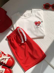 SHEIN 2pcs/Set Young Boys & Girls Casual Korean Style Cute Comfortable Fashion Simple Practical Soft Round Neck T-Shirt And Shorts Set, Suitable For Daily Wear, School, Outings, Sports, Spring/Summer, Valentine's Day - Red - View 6