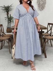 SHEIN VCAY Plus Size Striped V-Neck Short Sleeve Dress, Simple Casual Everyday Wear - Blue and White - View 4
