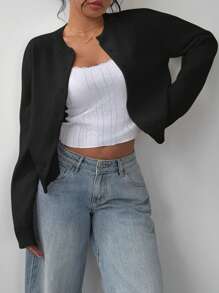 SHEIN BASICS Women Casual Solid Color Crew Neck Long Sleeve Loose Cropped Black Cardigan,Tops For School
