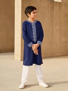 2pcs Tween Boy Retro Print Long Sleeve Top & Solid Color Pants Set - Black - View 1