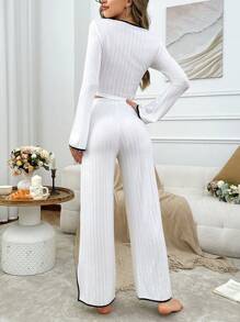 2pcs Women Contrasting Ribbed Homewear Set - Crop Top And Pants - White - View 2