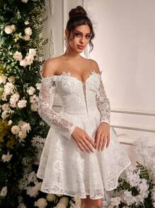 SHEIN Belle Elegante, lujoso y elegante vestido largo de encaje blanco con hombros descubiertos y manga larga con dobladillo amplio, adecuado para festivales, despedidas de soltera, bodas, graduaciones, vacaciones, vestidos para duchas nupciales, pequeño vestido blanco, novia