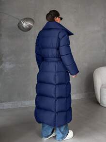 EURMUSE Zip Up Slant Pocket Padded Coat With Waist Belt - Navy Blue - View 2