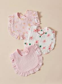 3pcs Set Cotton Muslin Bibs With Soft Ruffled Edges For Infants