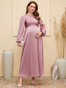 SHEIN 1 chiếc váy dài tay trơn màu cho bà bầu, thời trang tối giản, mặc thường ngày - Bụi hồng - Xem 4