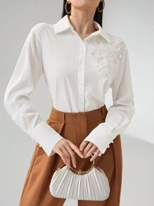 Modelyn 女士优雅亮片花卉装饰衬衫 - 白色 - 查看 3