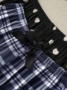 4pcs Teenage Girls Casual Fashion Heart, Eyelash, Moon, Letter Printed Brown Plaid Long Pants And Short Sleeve Pajama Set  Summer Kids Youth Girl Clothes Youth Girls Clothes Young Girl Pajama Pj Set For Kids Pj Sets For Teen - Apricot - View 3