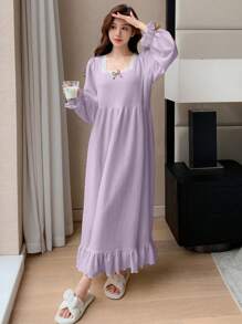 DAZY Sweet Textured Fabric Lace Patchwork Square Neck Ruffle Hem Nightgown - Purple - View 1