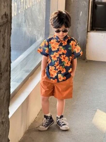 SHEIN 2pcs/Set Young Boys Hawaiian Flower Print Shirt & Shorts Set, Comfortable, Breathable, Cool & Moisture Wicking, Suitable For Spring/Summer, Daily, Sports, Outdoor, School, Party, Holiday, Photo Shooting, Back To School