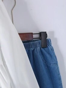 青少年女孩休闲日常圆领长袖纯色刺绣衬衫和松紧腰喇叭腿牛仔裤春季服装 - 白色 - 查看 9