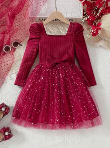 Glamorique Kids Fete tinere, magenta, paiete și plasă, decor stea, guler cu mânecă lungă, fundă, rochie de prințesă, petrecere și ocazie de Valentine, primăvară/toamnă