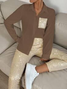 SHEIN LUNE 2pcs Women Set - Solid Color Front Button Long Sleeve Top & Pants Fall Cloth For Women - Khaki - View 3