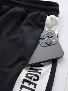 Manfinity Sport Corelite Men's Contrast Color Letter Print Patchwork Sweatpants, Baggy Pants Sweat Pants - Black - View 4