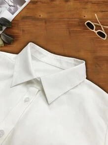INAWLY Casual Versatile Solid Color Short Sleeve Shirt - White - View 3