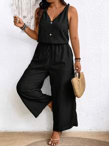 SHEIN Frenchy Plus Size Earthy Clothes Textured Crepe Cami Jumpsuit With Bowknot Waist And V-Neckline