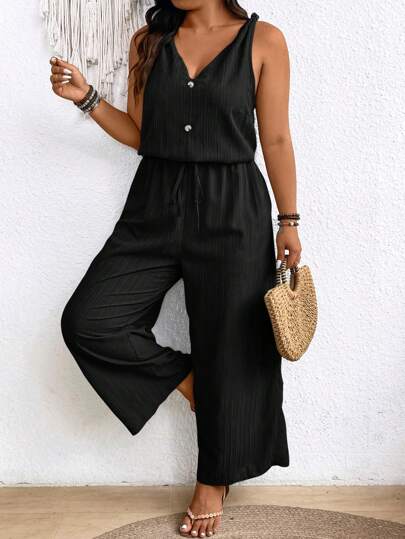 SHEIN Frenchy 大码 Earthy Clothes 纹理绉纱吊带连体裤，带蝴蝶结腰部和 V 领