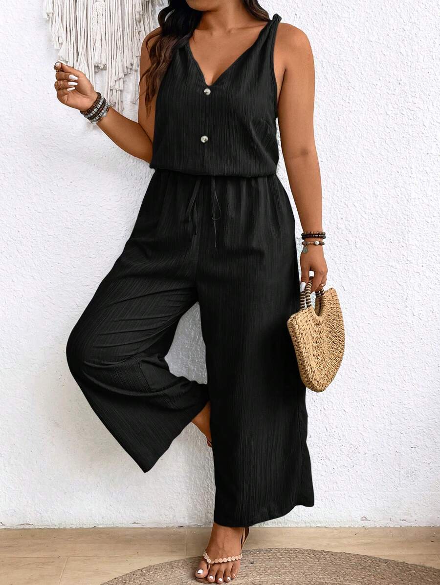 SHEIN Frenchy Plus Size Earthy Clothes Textured Crepe Cami Jumpsuit With Bowknot Waist And V-Neckline