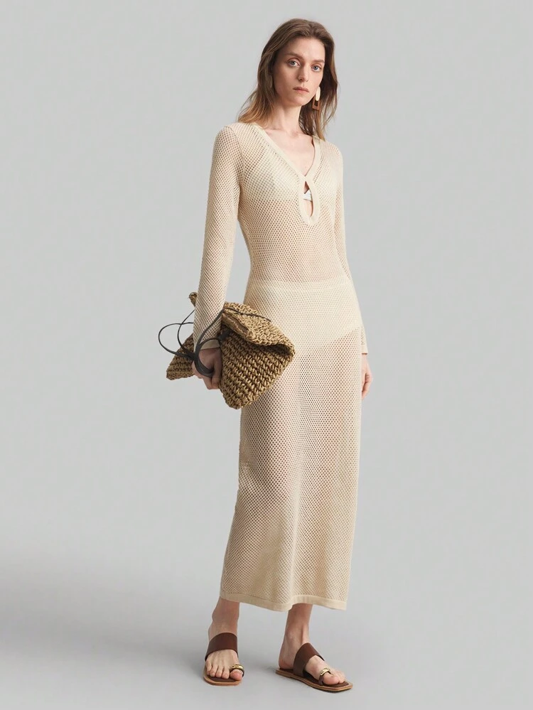 Women V-Neck Long Sleeve Hollow Out Fitted Fashion Knit Dress, Holiday Dress, Boho Style