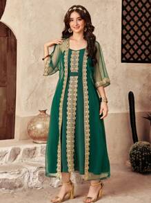 SHEIN 少女奢华优雅绿色/金色闪光透明 3/4 袖罩衫和无袖金色丝带束带连衣裙，迷人服装/连衣裤