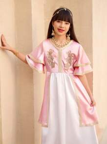 SHEIN Robe de mode décontractée pour fille préadolescente et fillette avec volants, imprimé pied-de-poule et blocs de couleurs. Convient pour l'été, peut être portée comme vêtement extérieur ou couche, matière douce et confortable, adaptée aux occasions décontractées, sorties, vacances, école