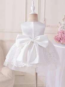 Glamorique Kids Infant & Baby Girl Lace Embroidered Tulle Dress, Elegant Satin Bow Princess Party Wedding Ceremony Events Dress - Beige - View 2