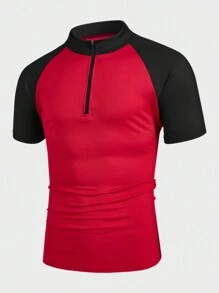 Manfinity Homme Men's Casual Color Block Patchwork Stand Collar Short Sleeve T-Shirt,Men's Casual Daily Multifunctional INS Geometric Texture Jacquard Style, Fashionable Men's Clothing, Gifts For Husband And Boyfriend, Sports Comfortable Elastic Fabric, Ultra Low Price High-End Luxury Fabric Texture, Unique Design, Outdoor Travel, Commuting To Work, INS Versatile Item, Black And Red Color Block , Zipper Style