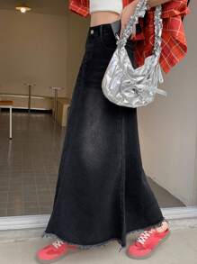 DAZY 女士休闲牛仔A字裙，简约时尚，适合日常穿着的牛仔裙 - 黑色 - 查看 3