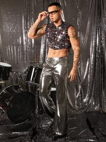 FeverCity Men's Sleeveless Mesh Sequins Cropped Tank Top - Multicolor - View 2