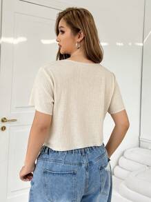 Solflare 休闲百搭浅米色透明 V 领大码 T 恤 - 杏色 - 查看 2