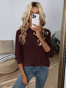 SHEIN LUNE Sudadera de manga larga con cuello y lazo con estampado de leopardo para mujer
