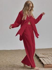 SHEIN LUNE Bộ đồ thường ngày cho nữ áo cánh dài tay trễ vai và quần dài - Màu Đỏ Sâu - Xem 3
